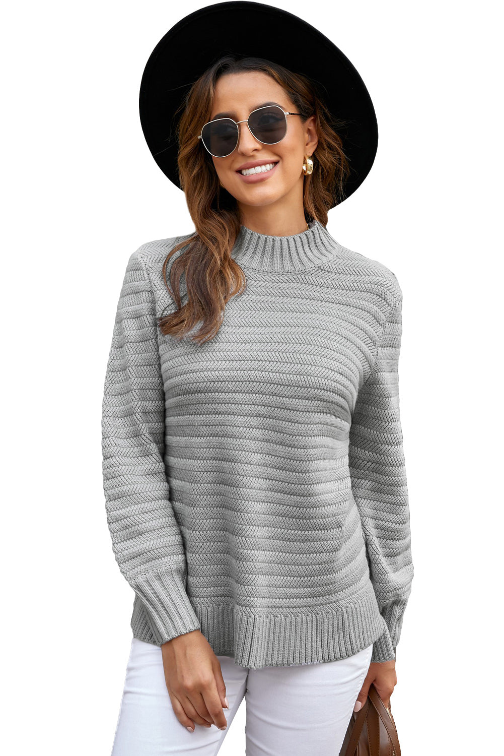 Winter Gray Solid Color Stand Collar Textured Sweater