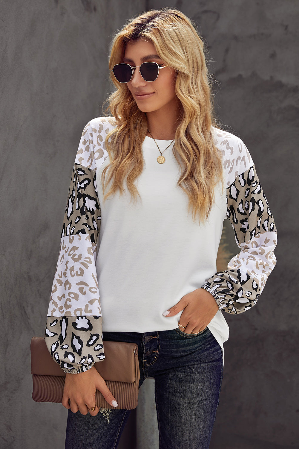 Women Beige Leopard Print Bubble Sleeve Top