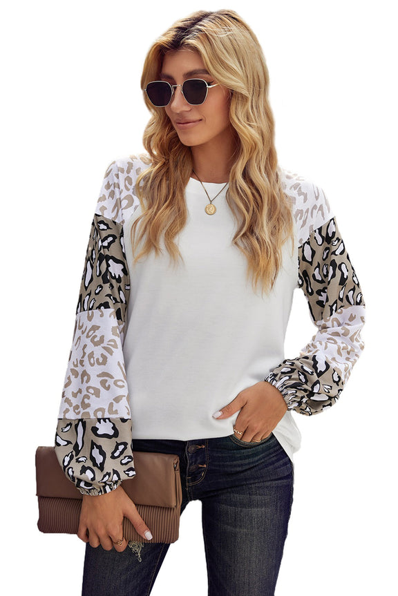 Women Beige Leopard Print Bubble Sleeve Top