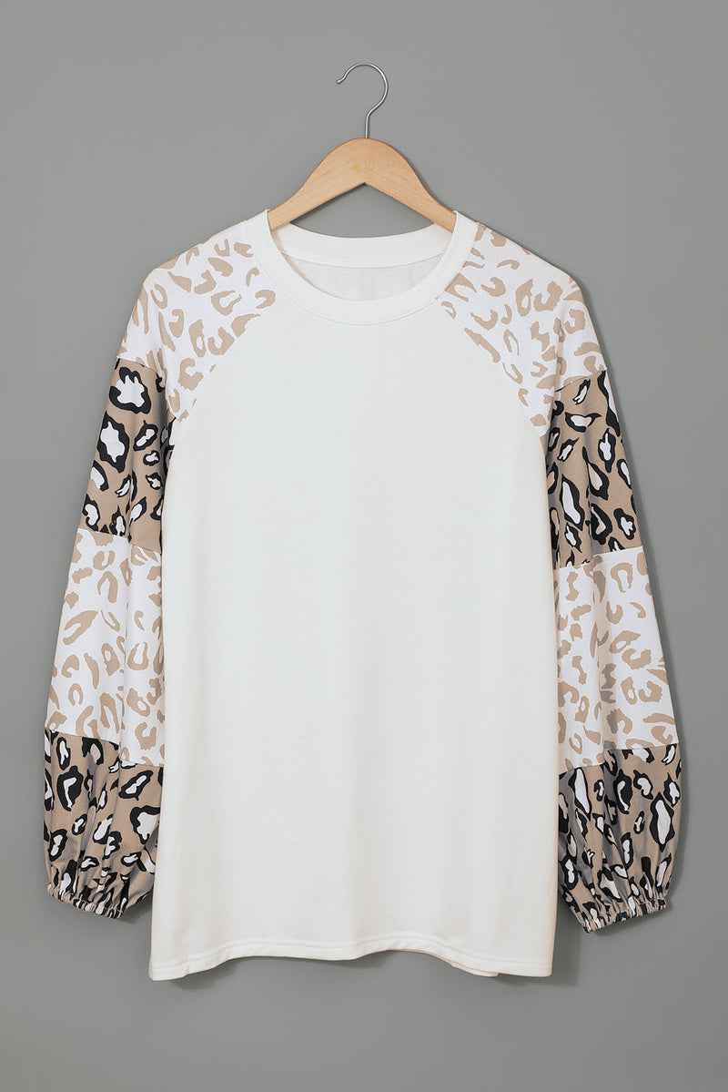 Women Beige Leopard Print Bubble Sleeve Top