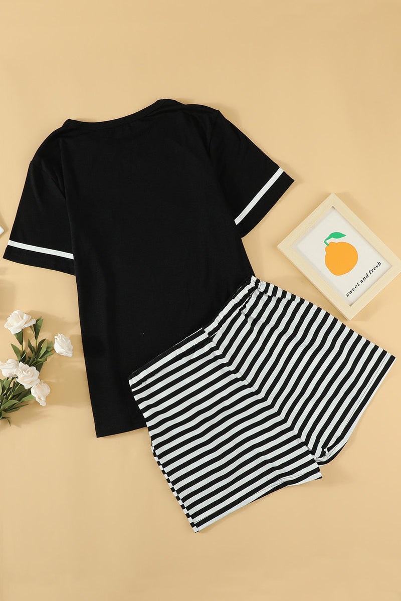 Women Black Short Sleeve Tee Striped Shorts Lounge Set