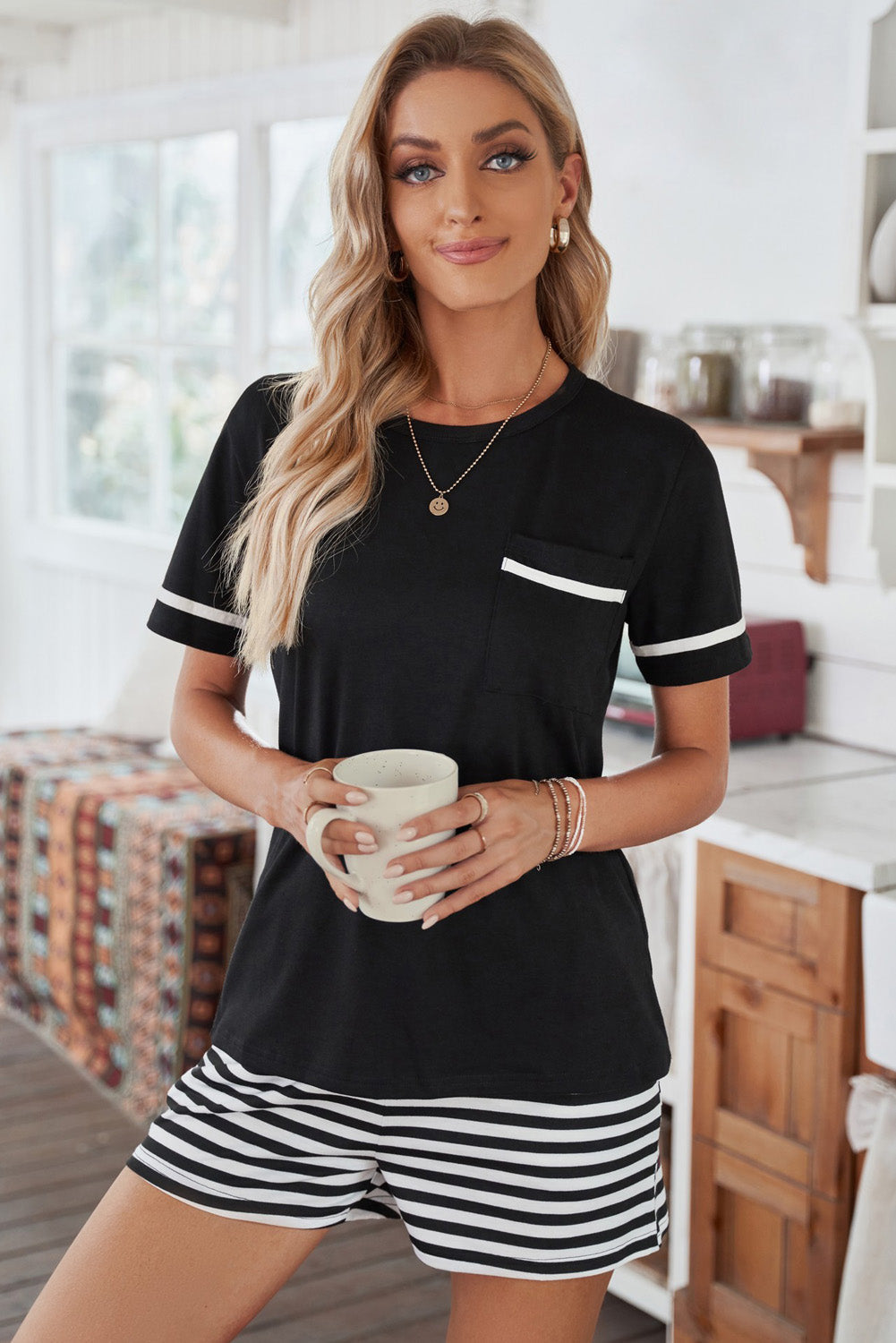 Women Black Short Sleeve Tee Striped Shorts Lounge Set