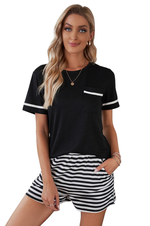 Women Black Short Sleeve Tee Striped Shorts Lounge Set