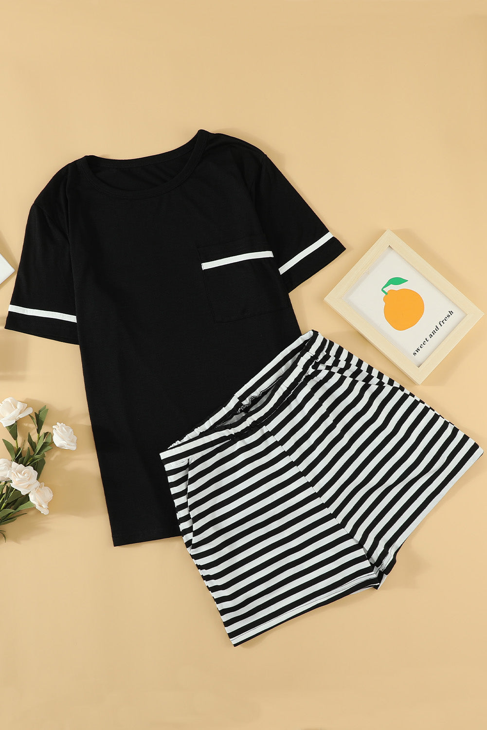 Women Black Short Sleeve Tee Striped Shorts Lounge Set