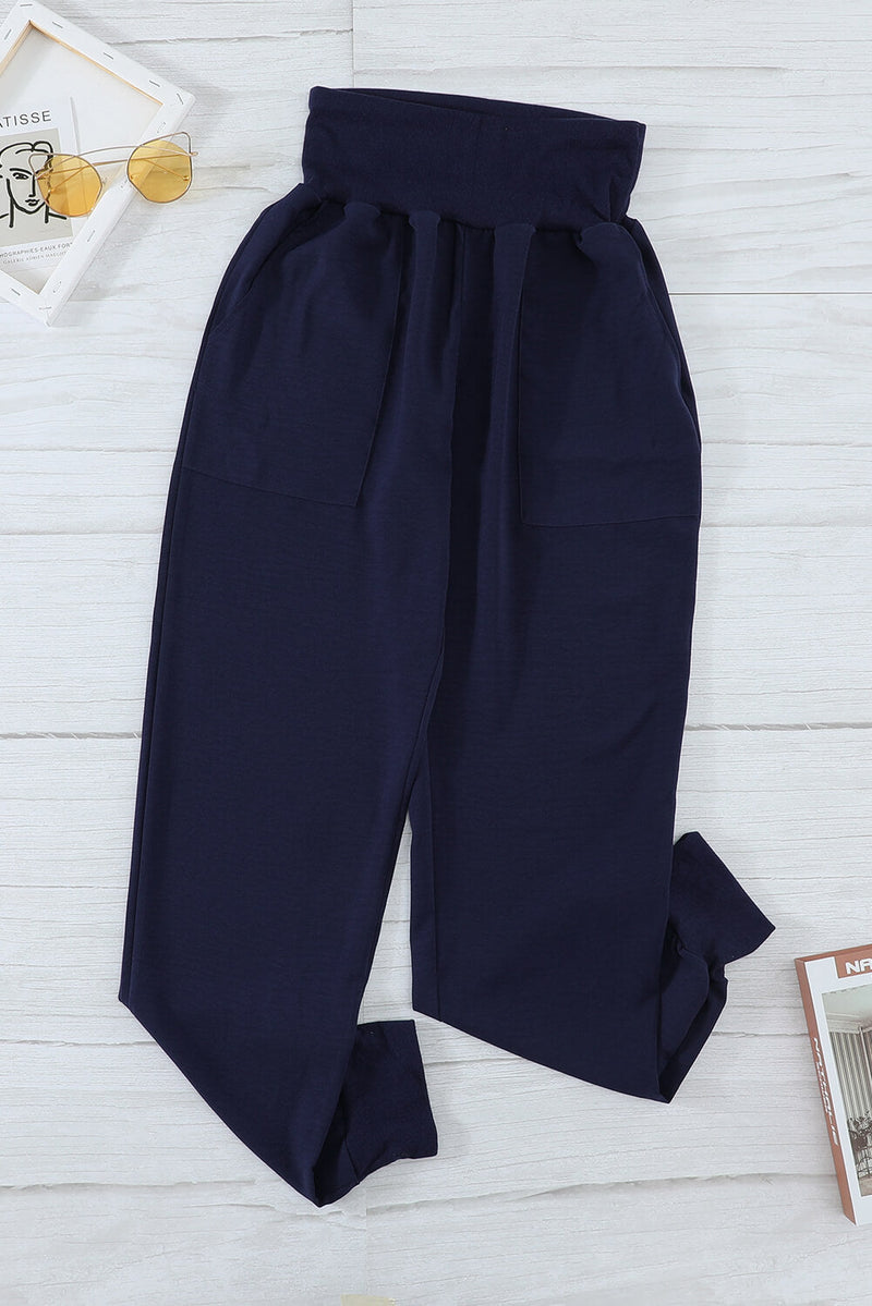 Women Casual Blue Pocketed Stretchy High Waistband Cotton Joggers