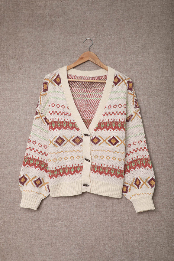 Women Multicolor Tribal Pattern V Neck Button Front Cardigan