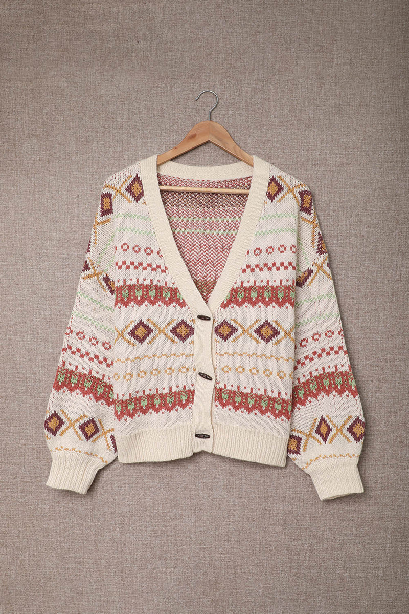 Women Multicolor Tribal Pattern V Neck Button Front Cardigan