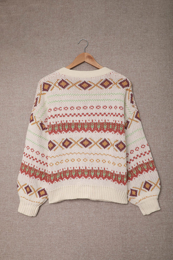 Women Multicolor Tribal Pattern V Neck Button Front Cardigan