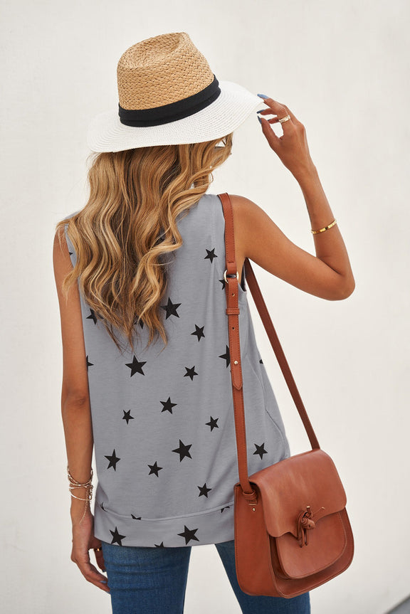 Women Summer Gray Star Print Knit Tank with Slits