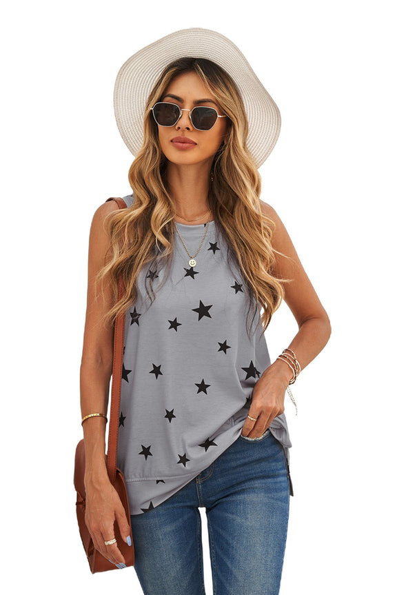 Women Summer Gray Star Print Knit Tank with Slits