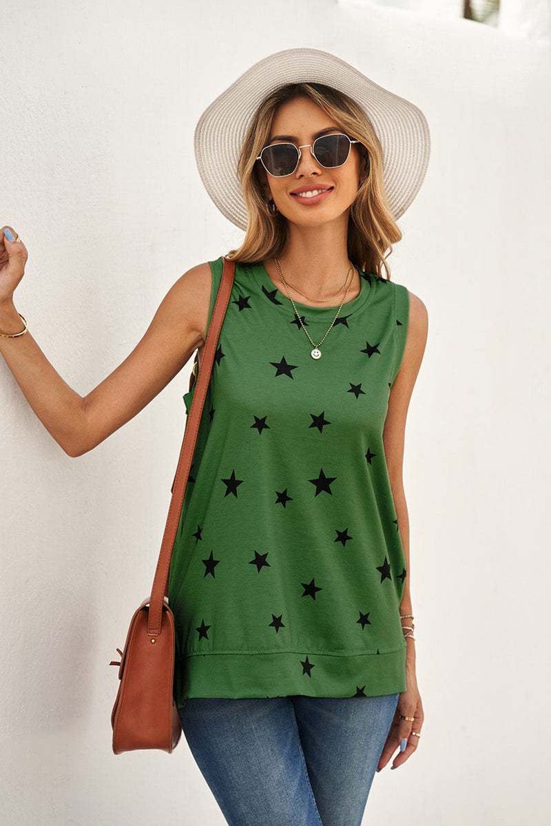 Women Summer Green Star Print Knit Tank with Slits