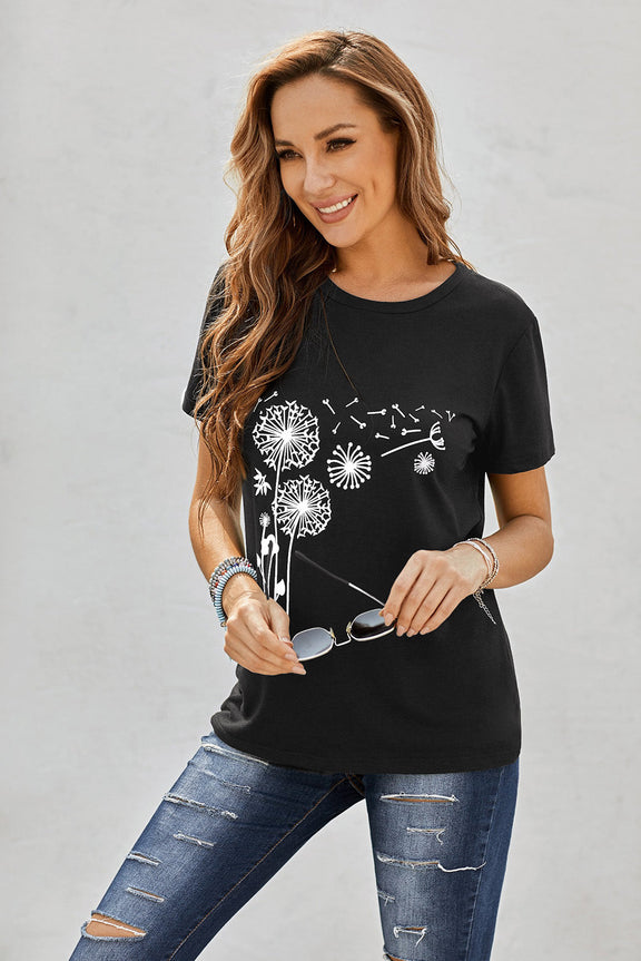 Women's Black Crew Neck Dandelion Print Short Sleeve T-shirt