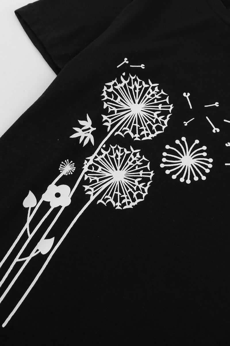 Women's Black Crew Neck Dandelion Print Short Sleeve T-shirt