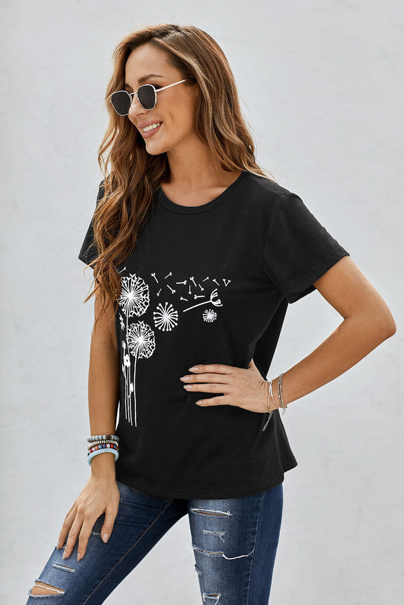 Women's Black Crew Neck Dandelion Print Short Sleeve T-shirt