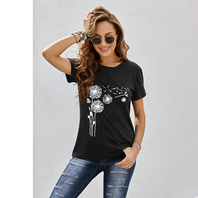 Women's Black Crew Neck Dandelion Print Short Sleeve T-shirt