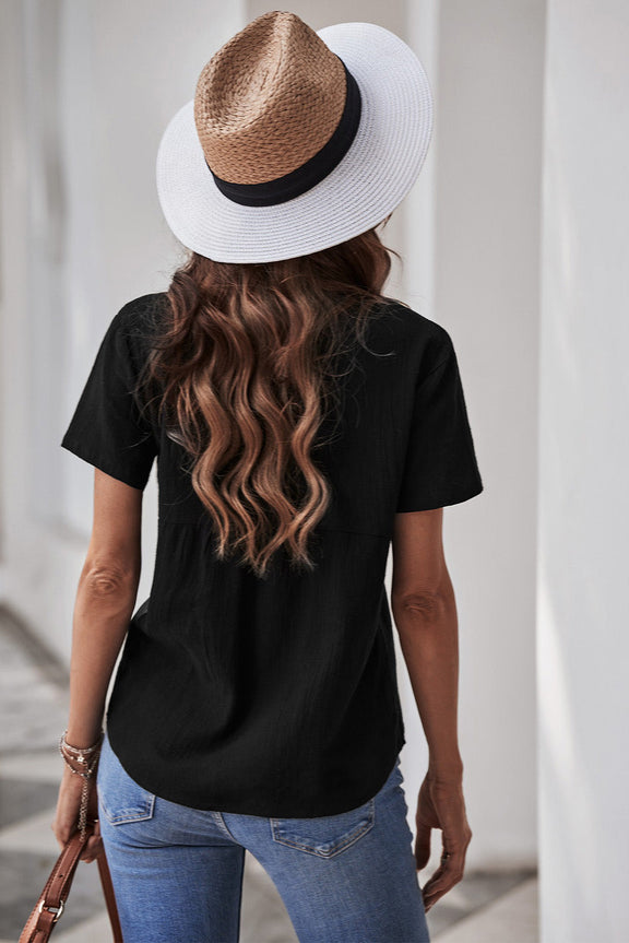 Women's Black Textured Short Sleeve Shirt