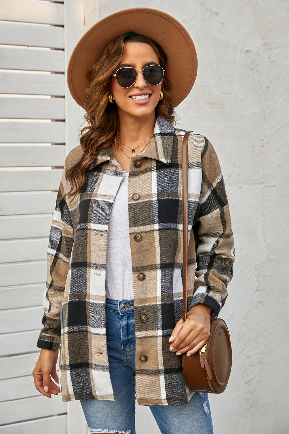 Women's Brown Plaid Print Buttoned Shirt Jacket