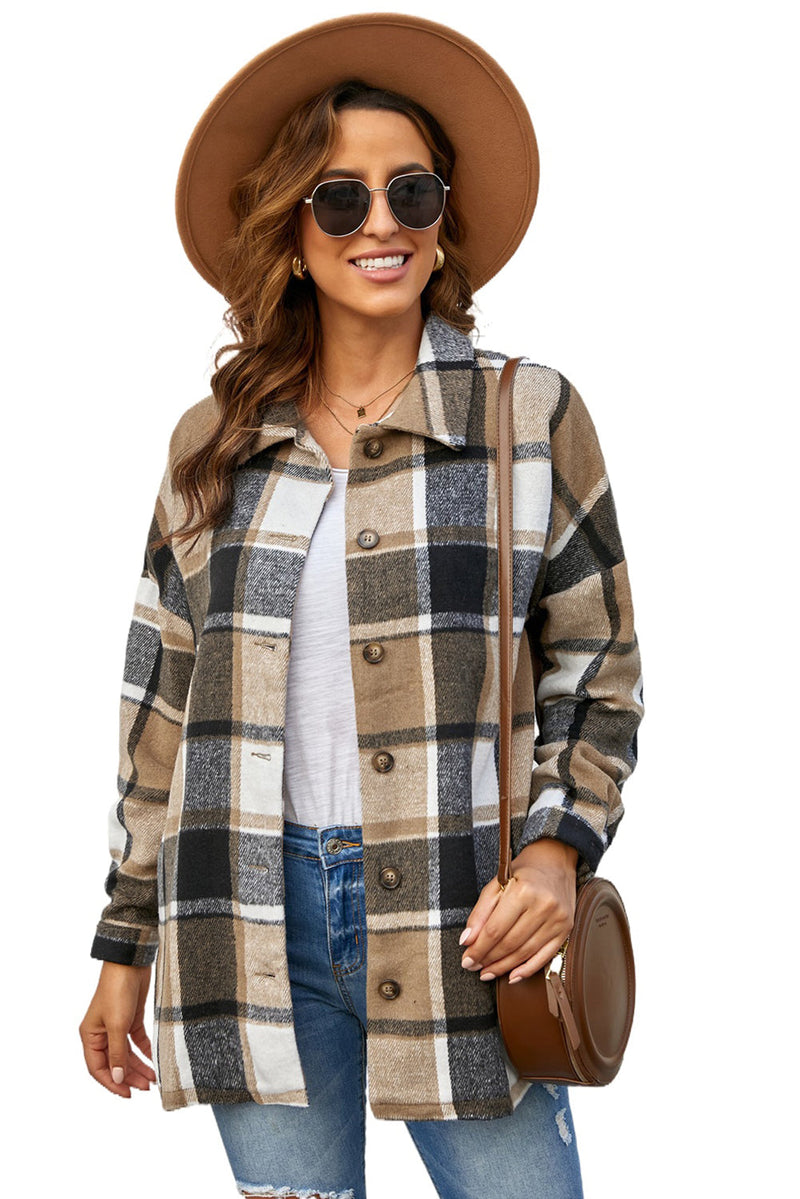 Women's Brown Plaid Print Buttoned Shirt Jacket