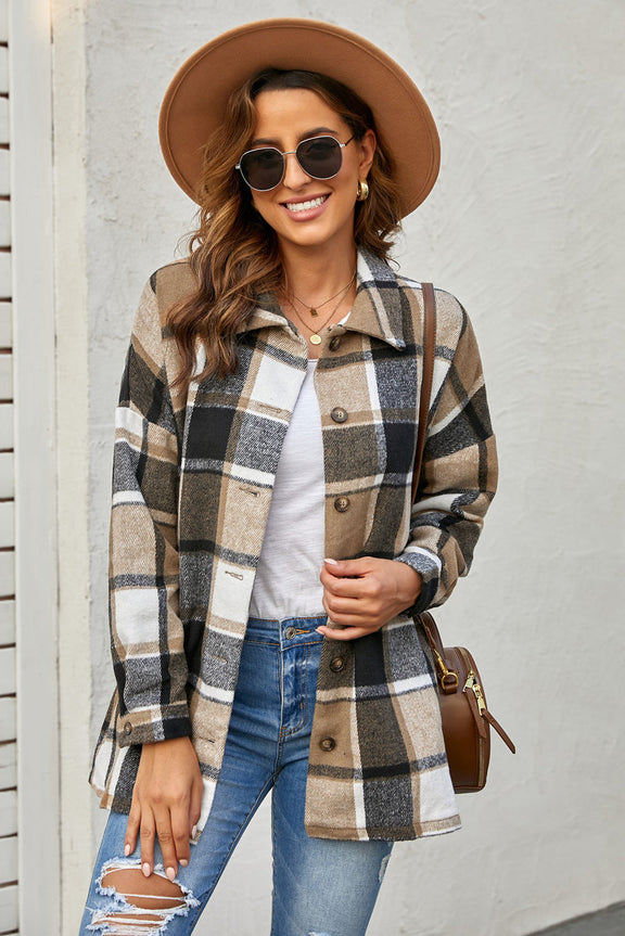 Women's Brown Plaid Print Buttoned Shirt Jacket