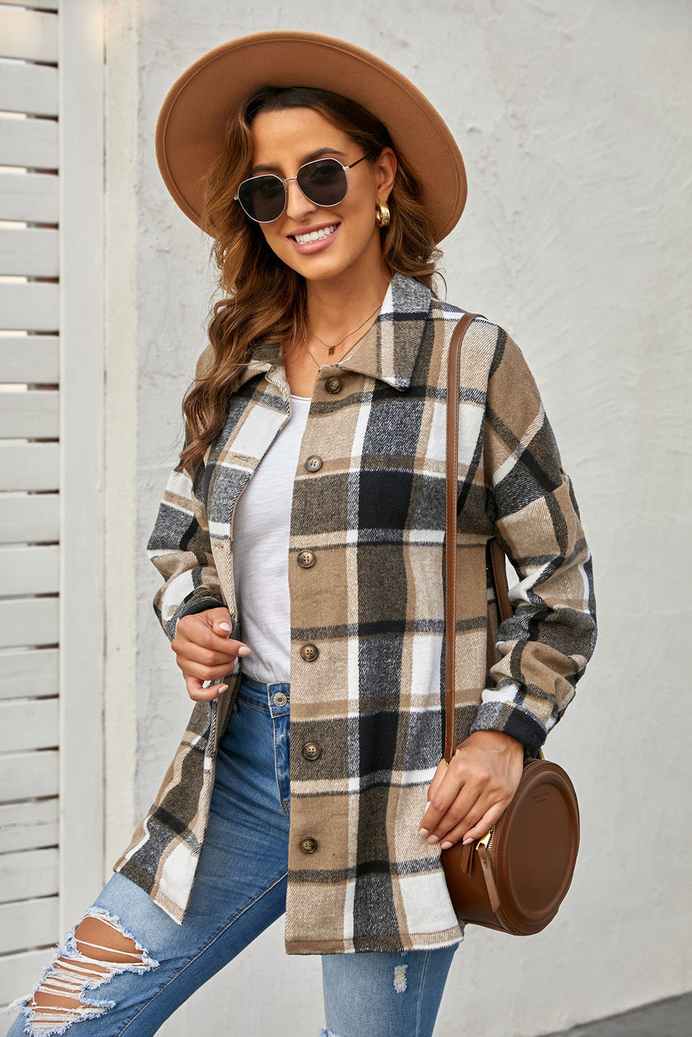 Women's Brown Plaid Print Buttoned Shirt Jacket