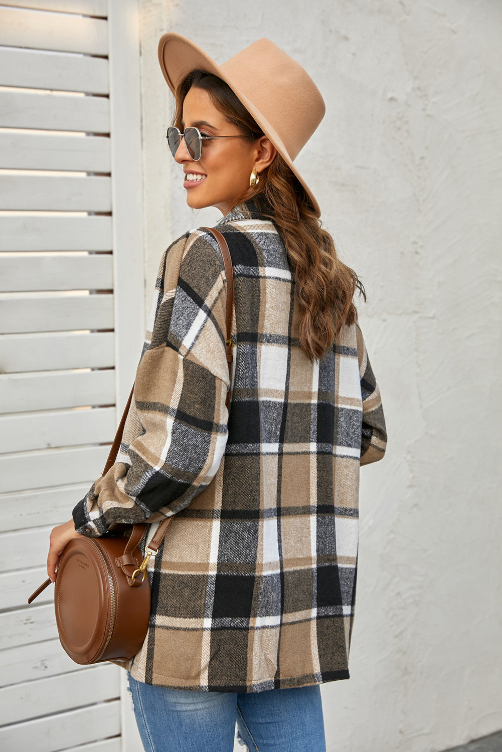 Women's Brown Plaid Print Buttoned Shirt Jacket