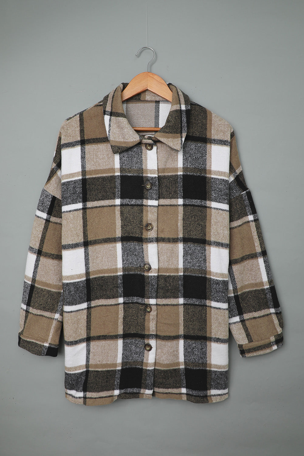 Women's Brown Plaid Print Buttoned Shirt Jacket