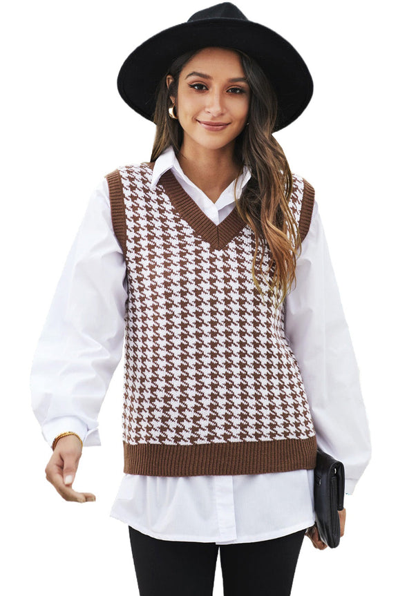 Women's Brown V Neck Houndstooth Knitted Sweater Vest