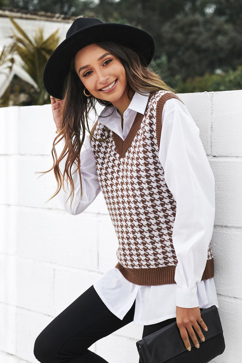 Women's Brown V Neck Houndstooth Knitted Sweater Vest