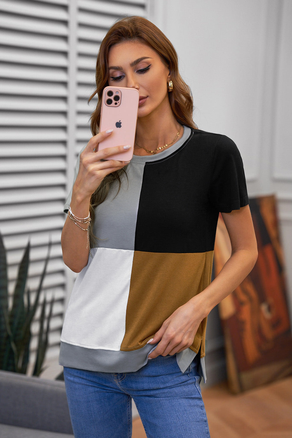 Women's Casual Brown Colorblock Summer T-shirt with Slits