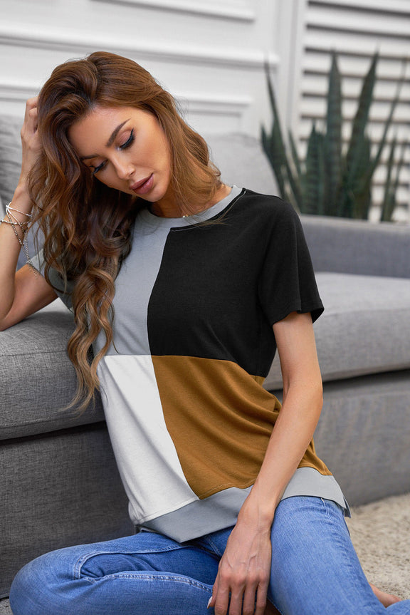 Women's Casual Brown Colorblock Summer T-shirt with Slits