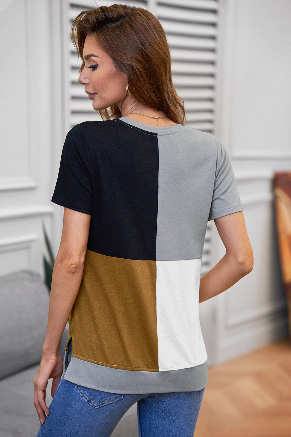 Women's Casual Brown Colorblock Summer T-shirt with Slits