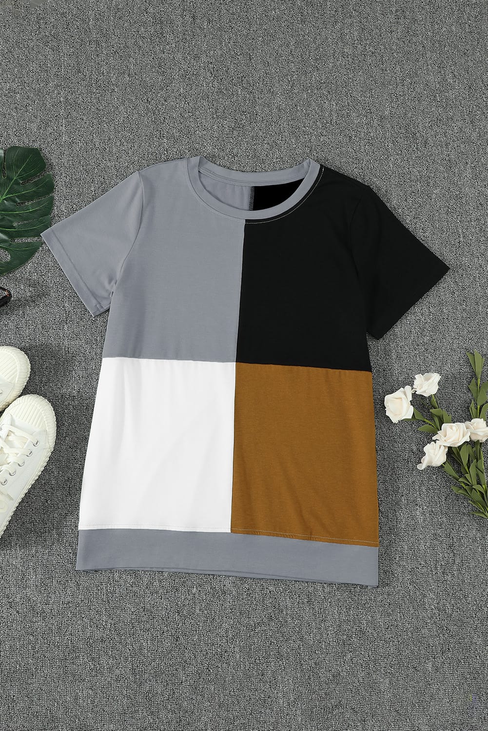 Women's Casual Brown Colorblock Summer T-shirt with Slits