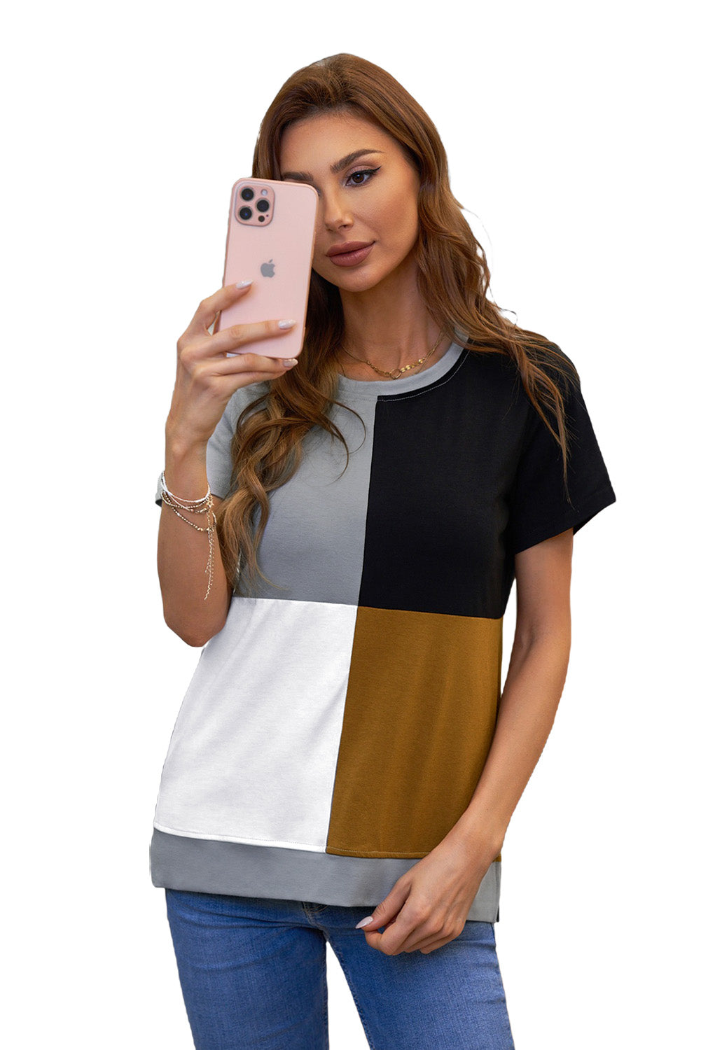 Women's Casual Brown Colorblock Summer T-shirt with Slits