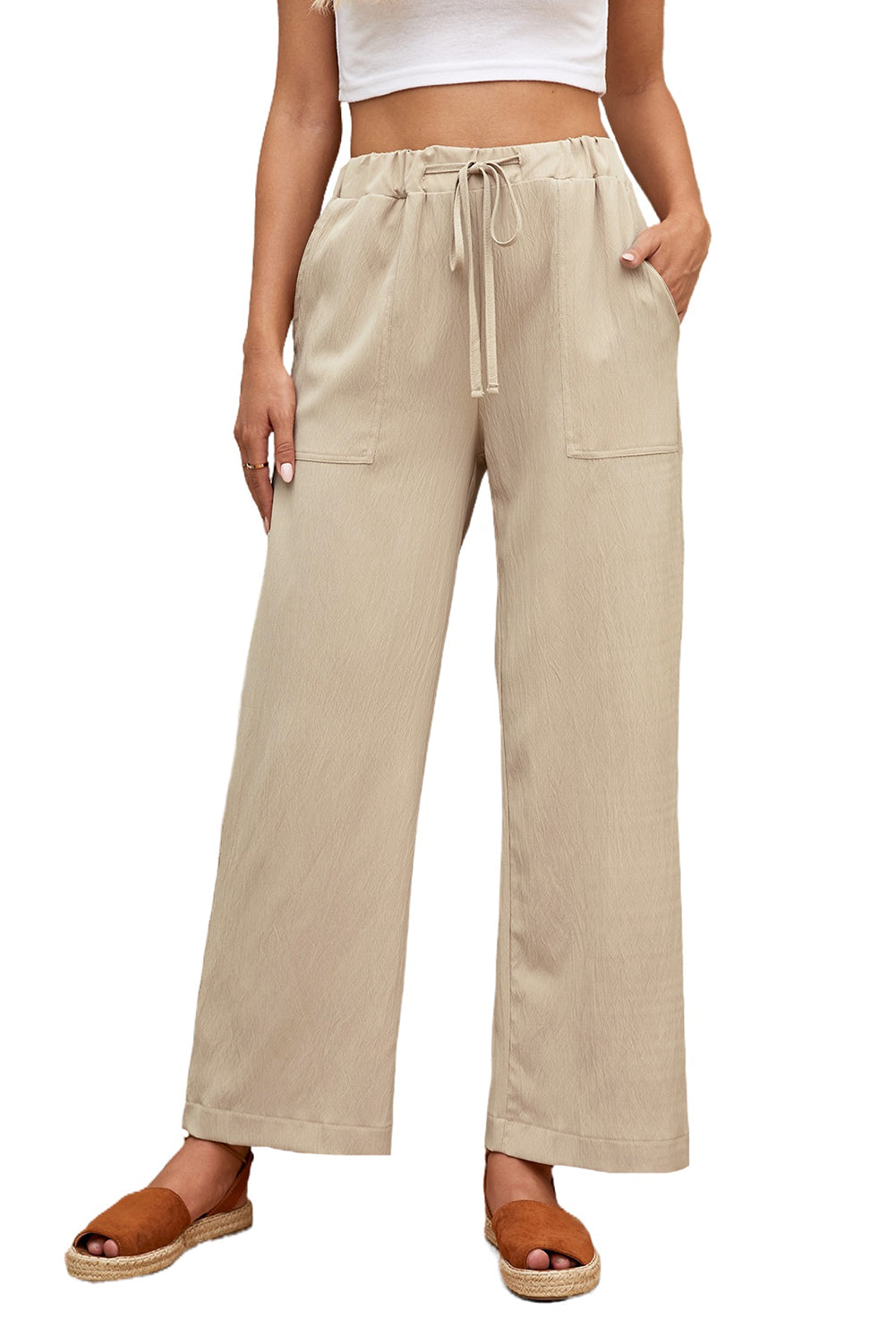 Women's Casual Khaki Drawstring Waist Crinkled Wide Leg Pants