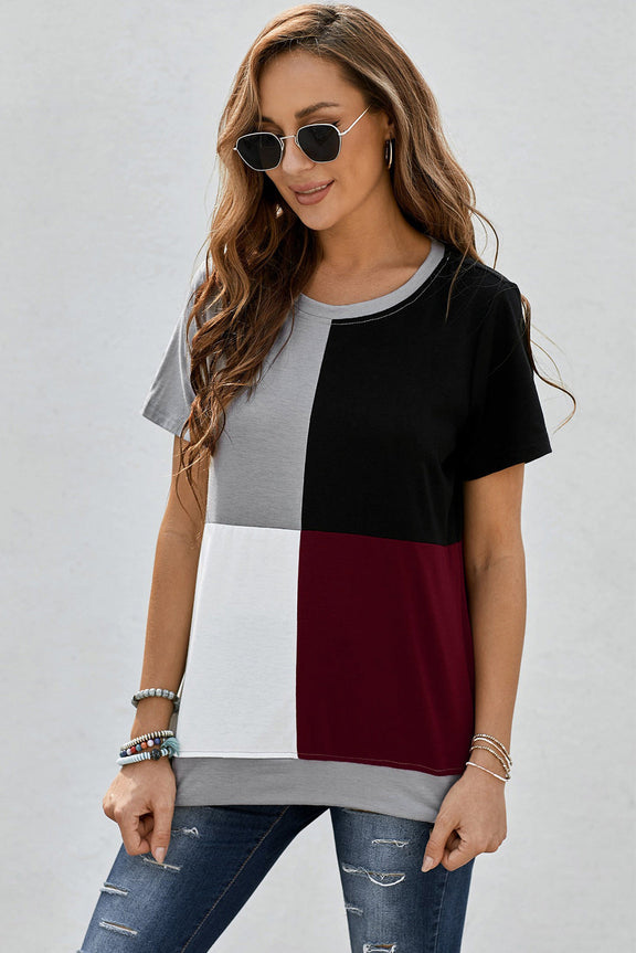 Women's Casual Wine Red Colorblock T-shirt with Slits