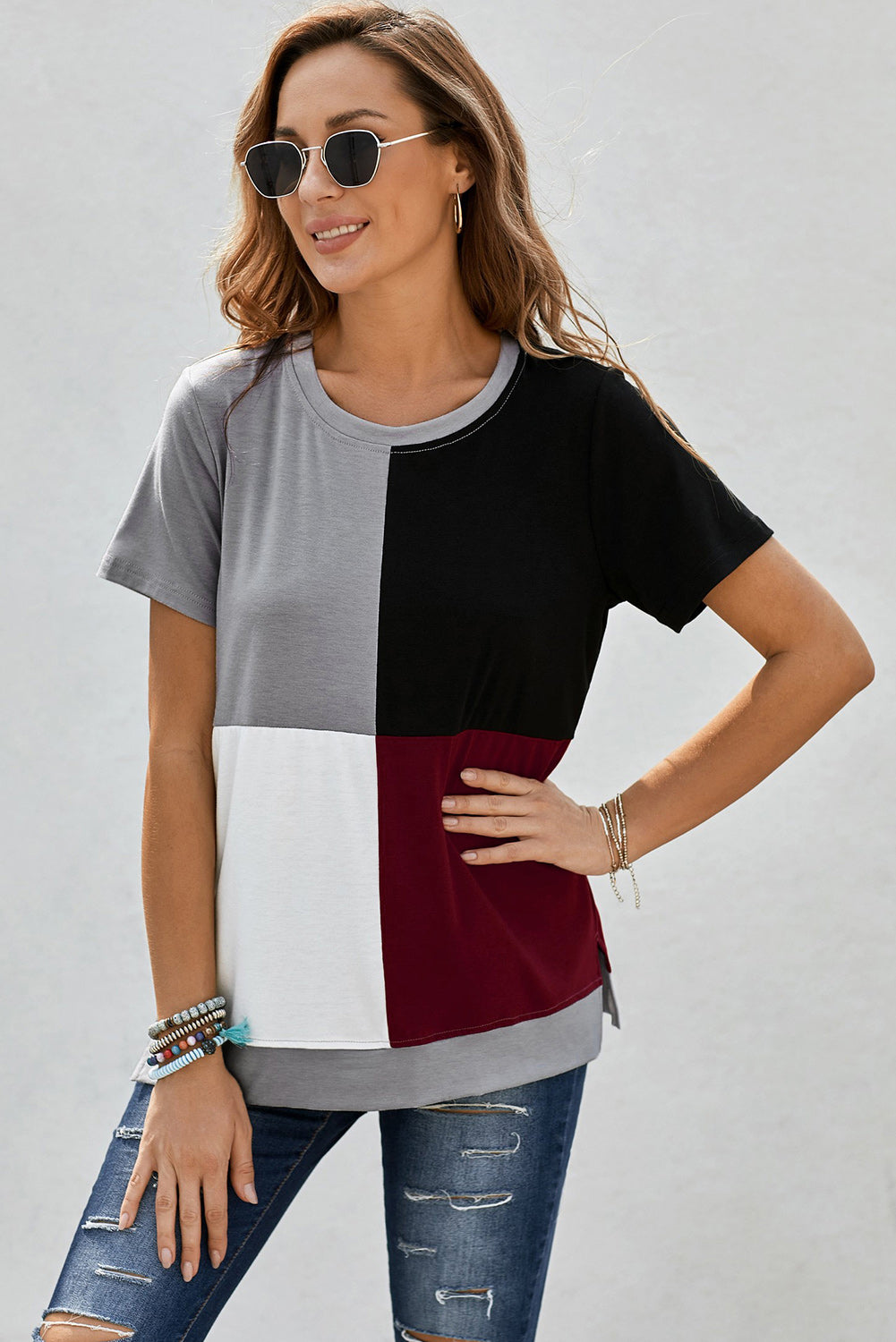 Women's Casual Wine Red Colorblock T-shirt with Slits