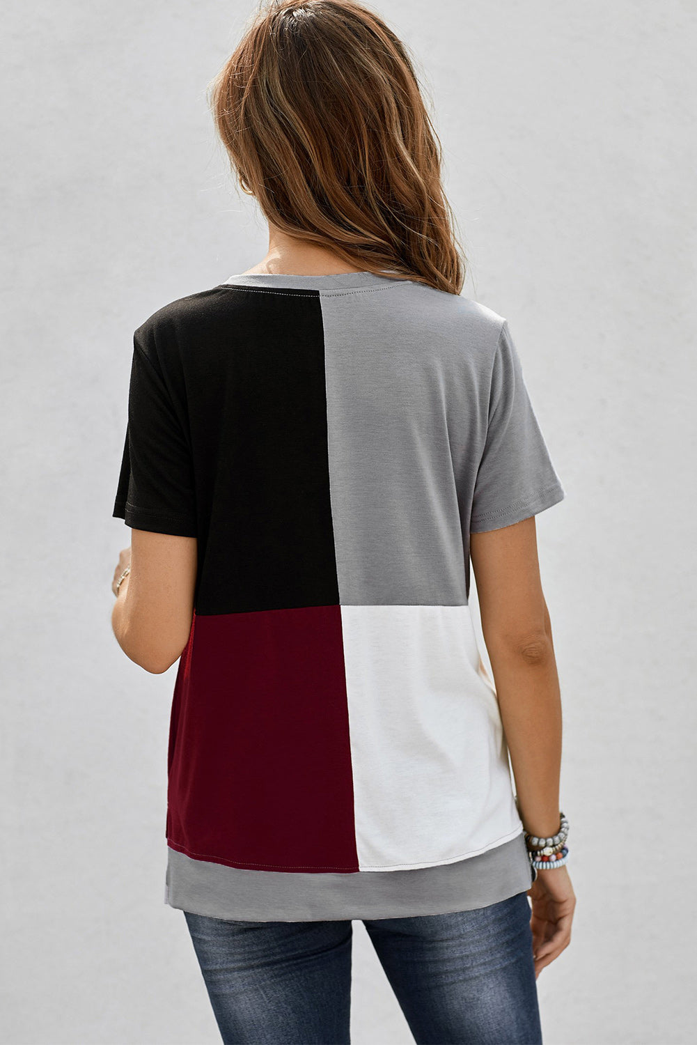 Women's Casual Wine Red Colorblock T-shirt with Slits