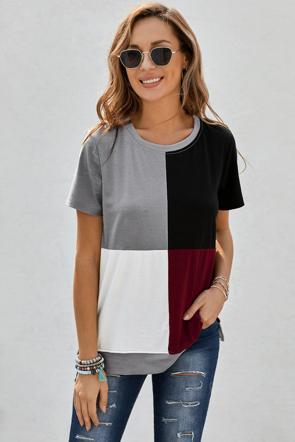 Women's Casual Wine Red Colorblock T-shirt with Slits