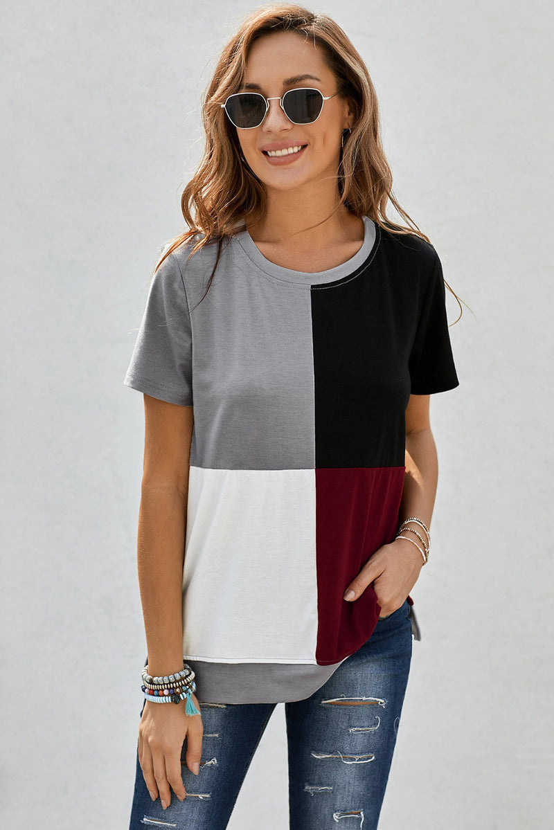 Women's Casual Wine Red Colorblock T-shirt with Slits