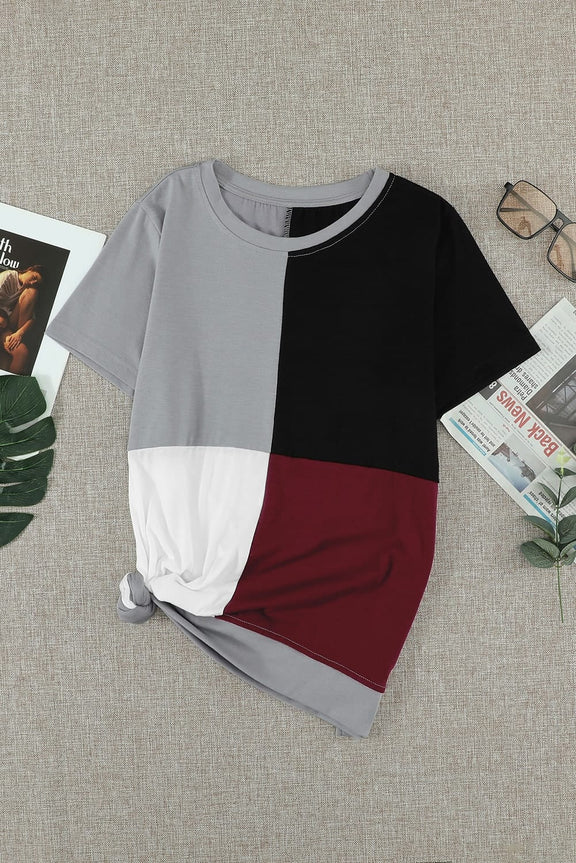 Women's Casual Wine Red Colorblock T-shirt with Slits