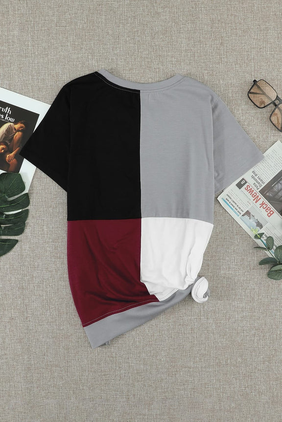 Women's Casual Wine Red Colorblock T-shirt with Slits