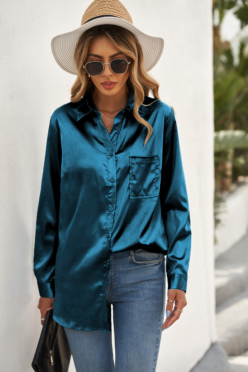 Women's Classic Button Green Satin Work Shirt