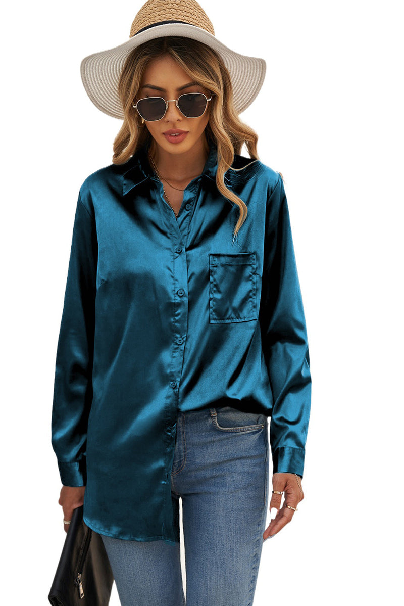 Women's Classic Button Green Satin Work Shirt