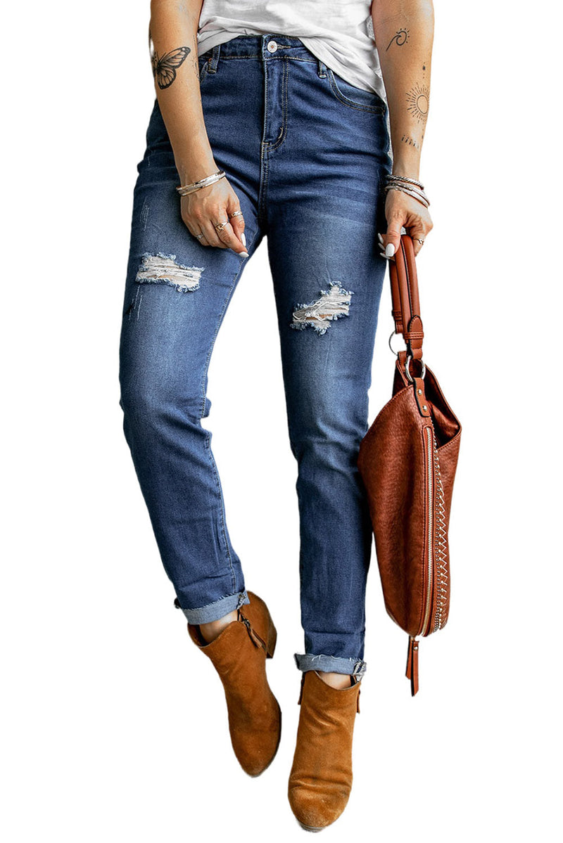 Women's Fashion Blue Distressed Skinny Fit Raw Hem Jeans