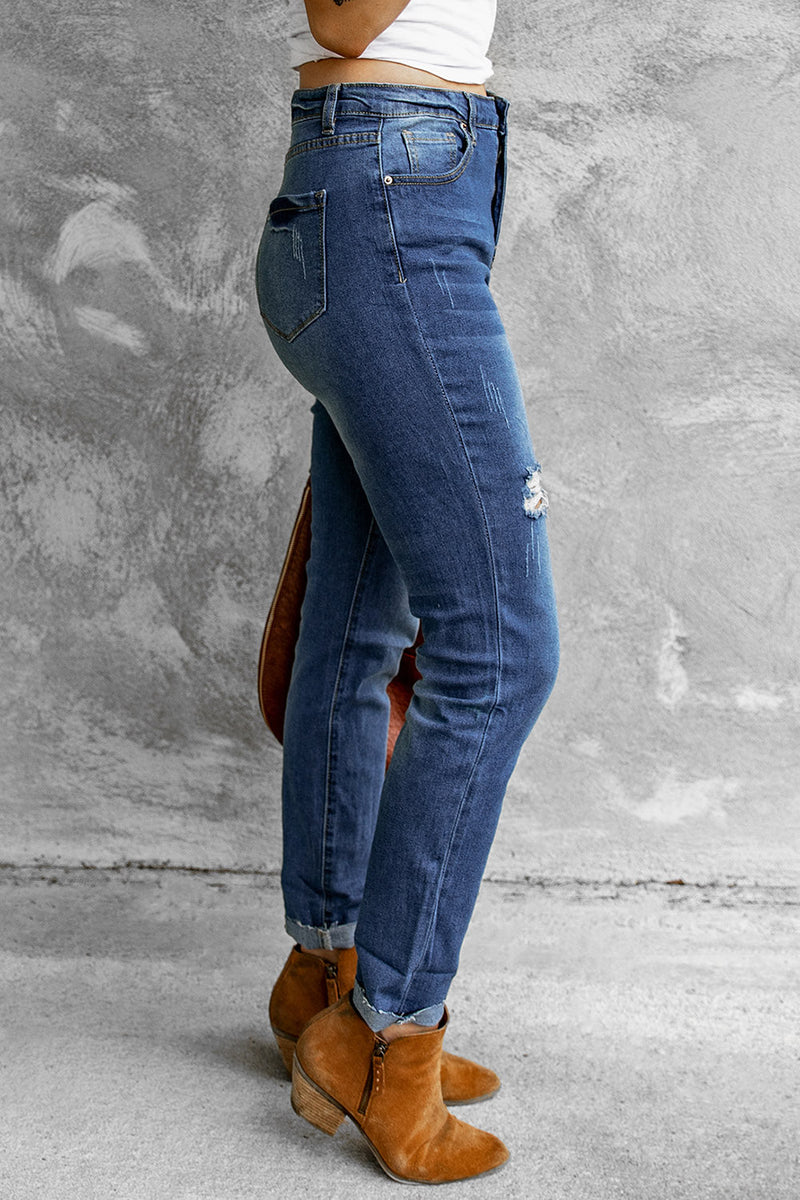 Women's Fashion Blue Distressed Skinny Fit Raw Hem Jeans