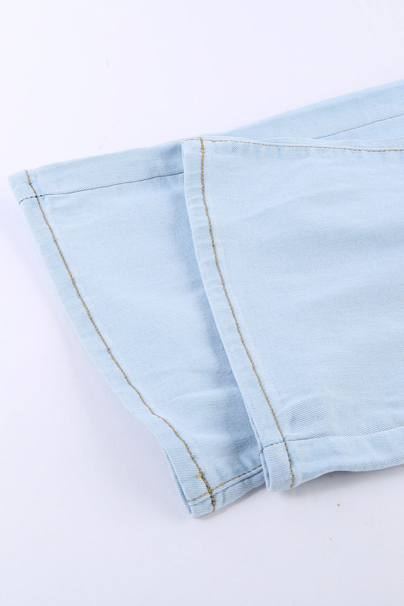 Women's Fashion Sky Blue Washed Ripped Knee Wide Legs Jeans