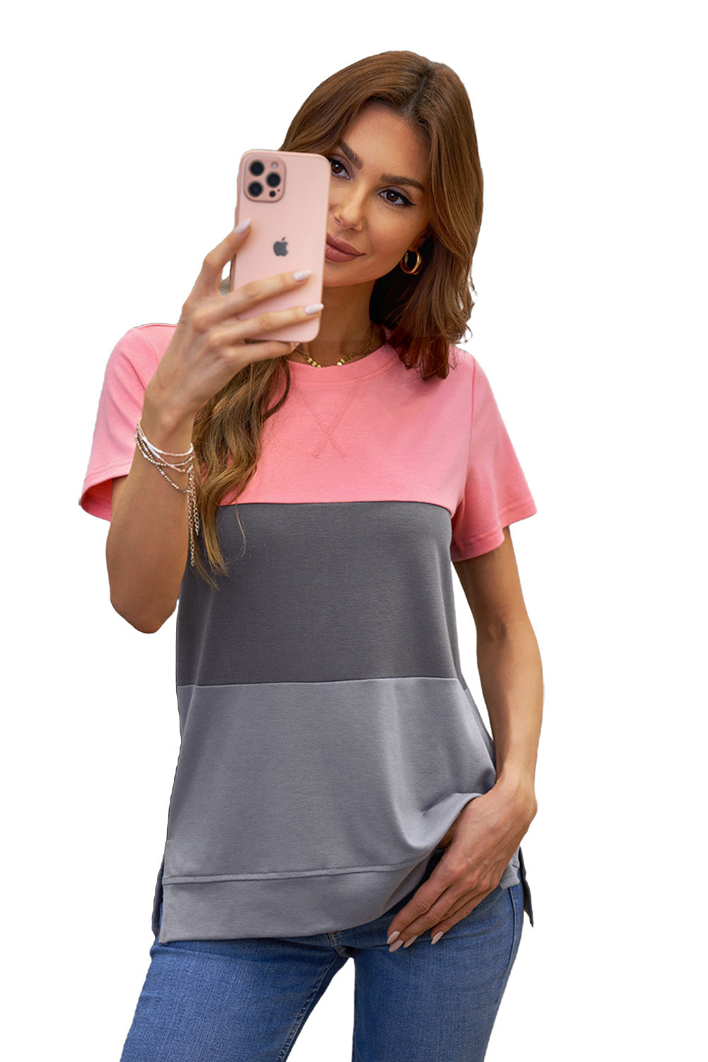 Women's Gray Contrast Colorblock Short Sleeve Casual T-shirt