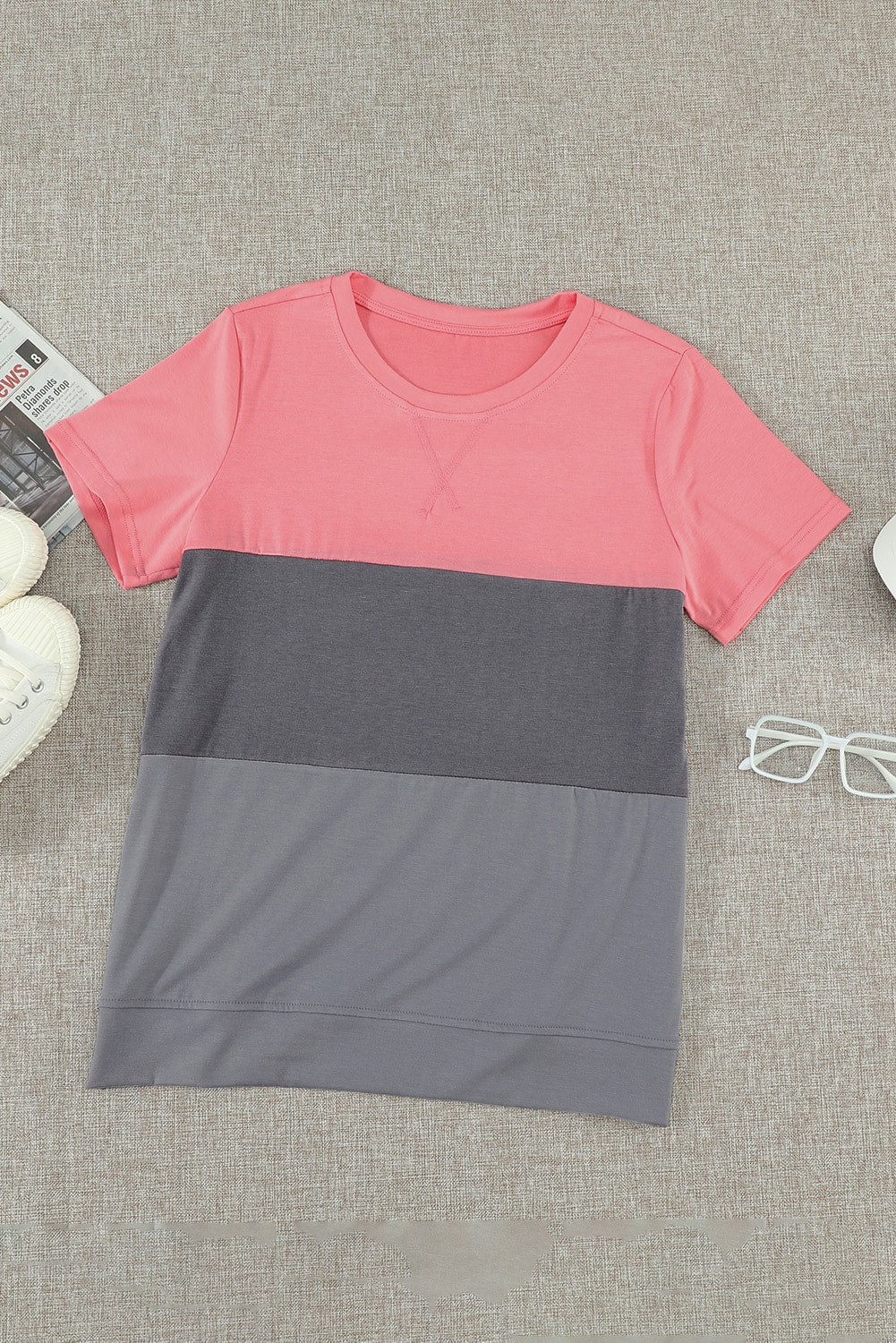 Women's Gray Contrast Colorblock Short Sleeve Casual T-shirt