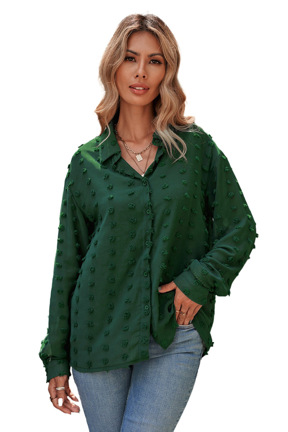 Women's Green Long Sleeve Button Fuzzy Polka Dot Work Shirt