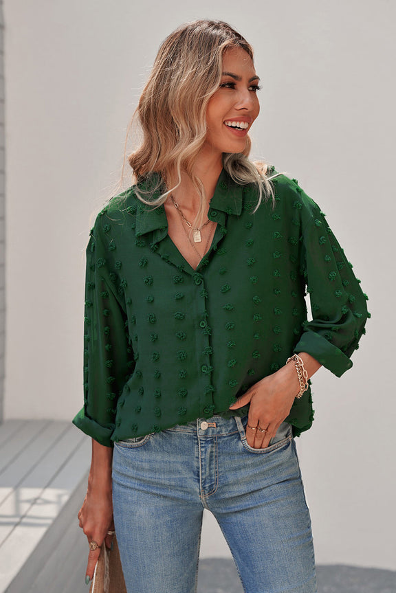 Women's Green Long Sleeve Button Fuzzy Polka Dot Work Shirt